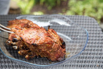 grilled juicy beef meat. meat on a plate at a picnic
