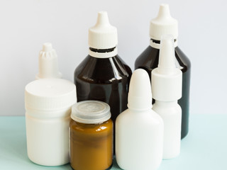 Composition with medications. Medical bottles of treatment.