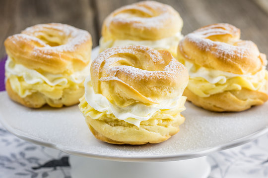 Detail on a four Small wreaths with whipped cream (traditional Czech dessert - "venecky")
