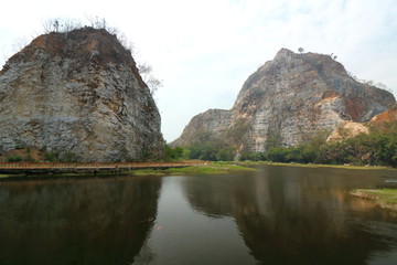 Fototapeta na wymiar Wide angle shot of rocky mountain of khao Ngu Stone Park , Ratchaburi , Thailand.