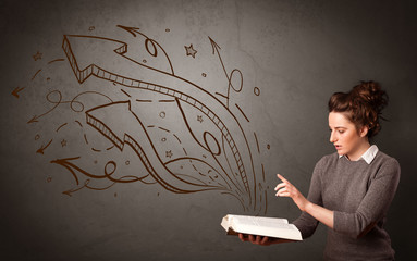 Casual young woman holding book with brown arrows and stars flying out of it
