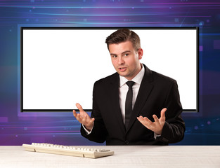 Television program host with big copy screen in his back concept