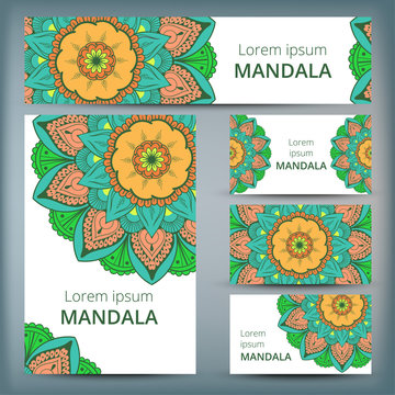 Mandala pattern design template. May be used for Business card or booklet, banner, book cover. Vector illustration.