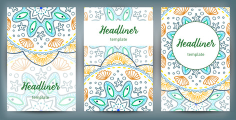 Set of old Ramadan flyer pages ornament illustration concept. Vintage art traditional, Islam, Arabic, Indian, magazine, elements. Vector decorative retro greeting card or invitation layout design