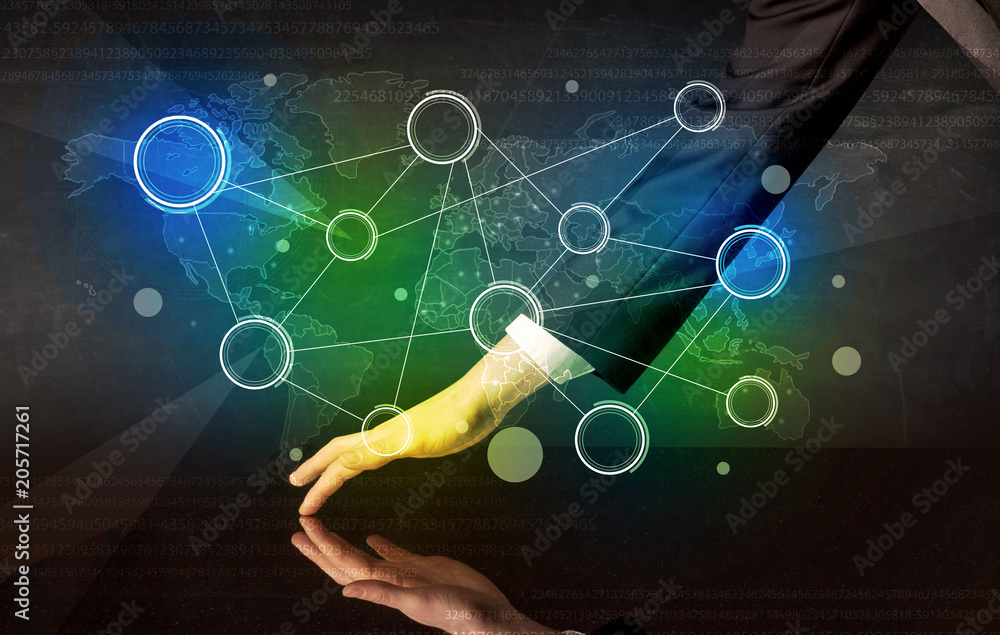 Poster Male hands touching interactive table with colorful world map on it 