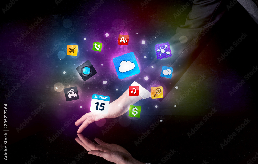 Poster Male hands touching interactive table with colorful application icons on it 