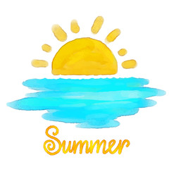 Watercolor sketch sun, sea, word summer