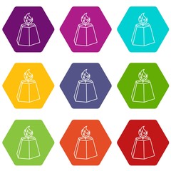 Hexagon candle icons 9 set coloful isolated on white for web