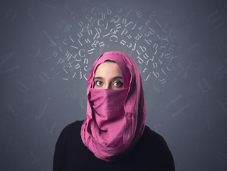 Young muslim woman wearing niqab with white alphabet letters above her head