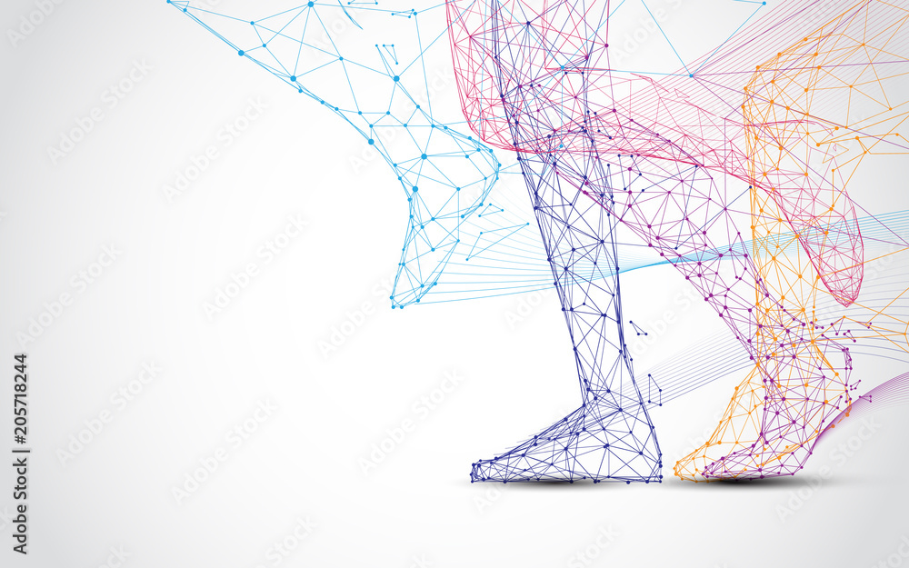 Poster close up of runner s legs run form lines and triangles, point connecting network on blue background.