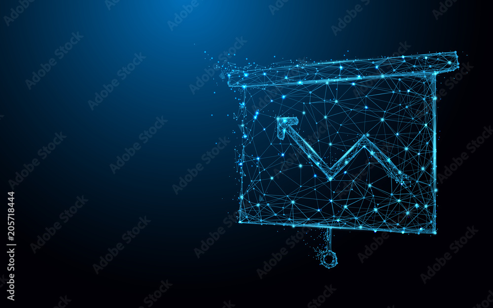 Poster growing chart on board icon form lines and triangles, point connecting network on blue background. i