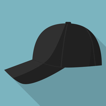 Side view of black baseball cap icon. Flat illustration of side view of black baseball cap vector icon for web design