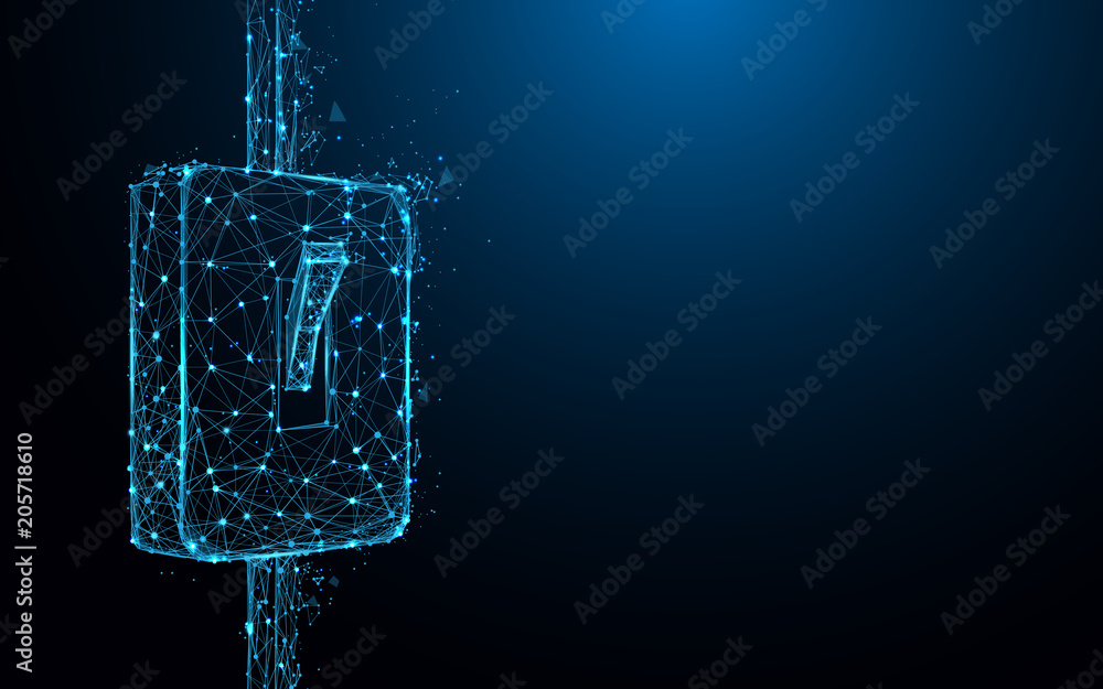 Poster light switch on icon form lines and triangles, point connecting network on blue background. illustra