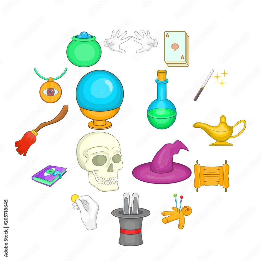 Poster cartoon magic icons set. universal magic icons to use for web and mobile ui, set of basic magic elem