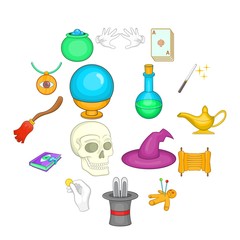 Cartoon magic icons set. Universal magic icons to use for web and mobile UI, set of basic magic elements isolated vector illustration