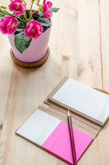 Office desk table with supplies.  view for copy space, paper note