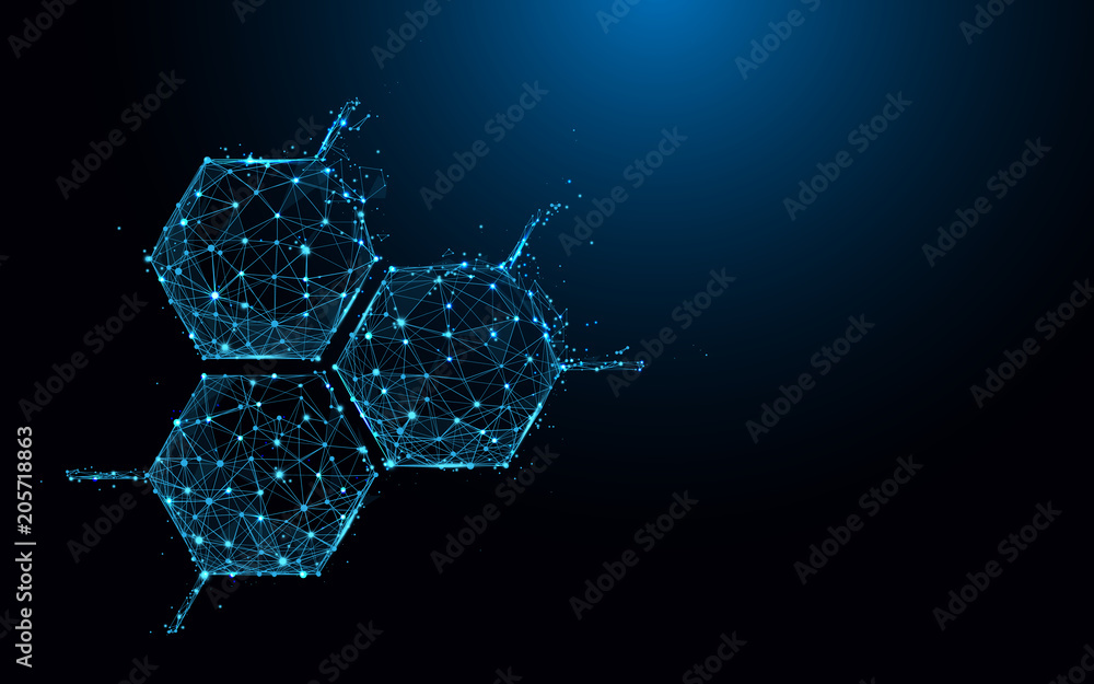Poster molecule structure icon form lines and triangles, point connecting network on blue background. illus