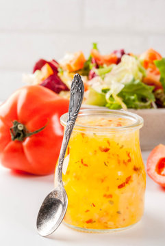 Classic Italian Vinaigrette Salad Dressing, With Fresh Vegetables On White Marble Table, Copy Space