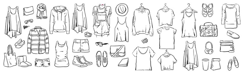 Fashion stylish, Graphic drawing sketch with woman, Vector set, Doodle design