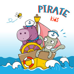 baby hippo with octopus in the ocean. cute illustration for book cover and kids wear fashion design