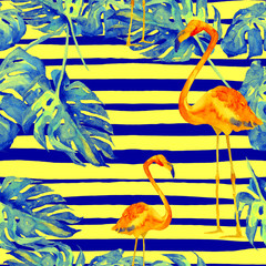 Summer Beach Background. Watercolor Seamless Pattern. Hand Painted Tropic Summer Motif with Hawaiian trees.