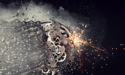 Gears working mechanism. Mixed media