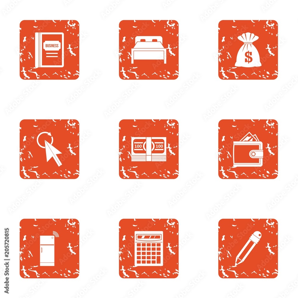 Poster money click icons set. grunge set of 9 money click vector icons for web isolated on white background