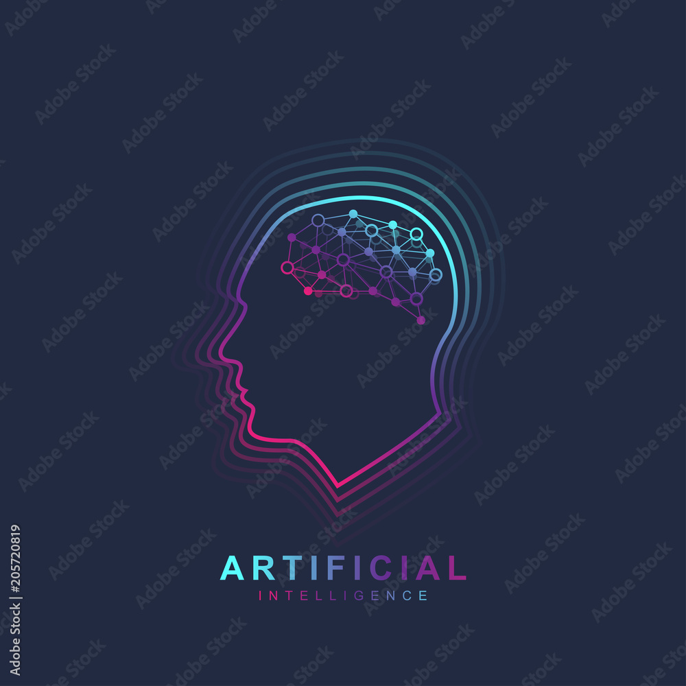 Poster Artificial Intelligence and Machine Learning Logo Concept. Human head outline with brain icon. Vector symbol AI. Brain Logotype Template.