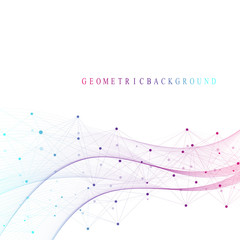 Geometric abstract background with connected lines and dots. Wave flow. Molecule and communication background. Graphic background for your design. Vector illustration.