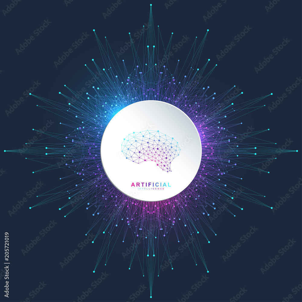 Poster Artificial Intelligence and Machine Learning Concept. Vector symbol AI. Brain Logo Template. Neural networks and another modern technologies concepts.