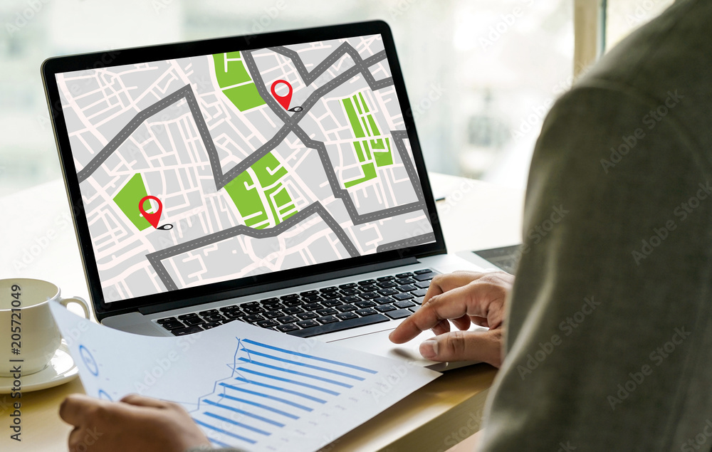 Poster gps map to route destination network connection location street map with gps icons navigation