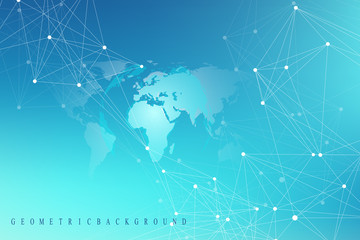 Geometric abstract background with connected line and dots. Graphic background with world map for your design. Vector illustration
