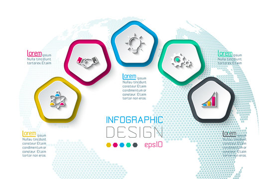 Pentagons label infographic with 5 steps.