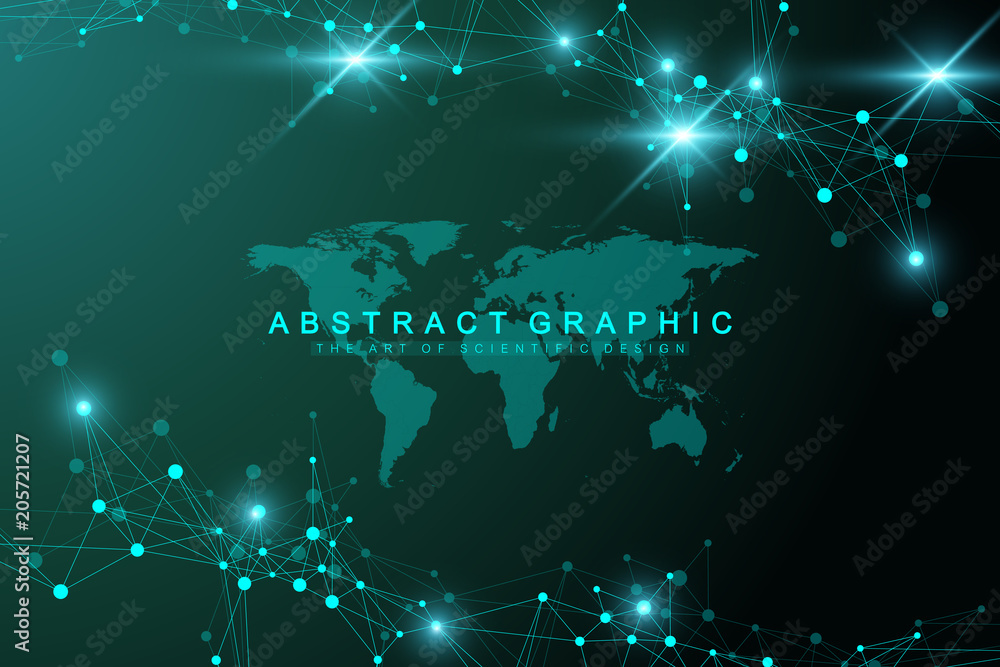 Aufkleber Geometric abstract background with connected line and dots. Graphic background with world map for your design. Vector illustration