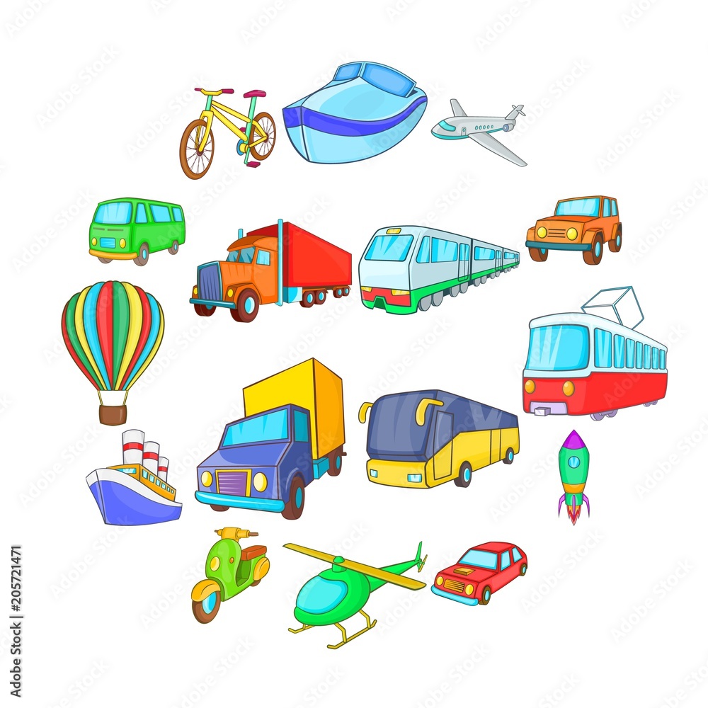 Poster cartoon transport icons set. universal transport set to use for web and mobile ui, set of basic tran