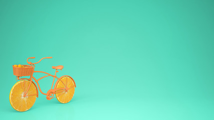 Orange bike with sliced orange wheels, healthy lifestyle concept with blue pastel background copy space