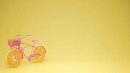 Pink bike with sliced orange wheels, healthy lifestyle concept with yellow pastel background copy space