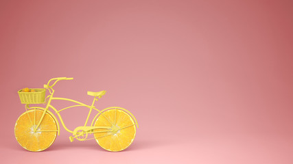 Yellow bike with sliced orange wheels, healthy lifestyle concept with pink pastel background copy space