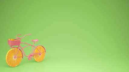 Pink bike with sliced orange wheels, healthy lifestyle concept with green pastel background copy space