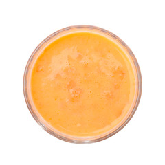 Glass with delicious detox smoothie on white background, top view