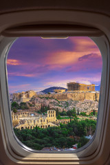 Fototapeta na wymiar Parthenon temple on the Acropolis in Athens, Greece through airplane window