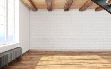 Empty room loft interior with big window white walls, bricks, wooden beams and floor.