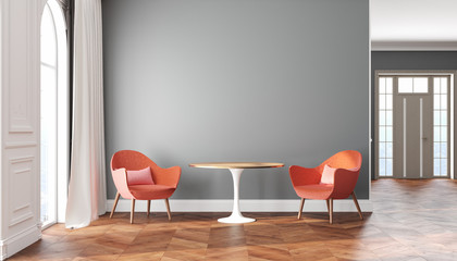 Empty room scandinavian interior with gray walls, red, pink armchairs, table, curtain and window.