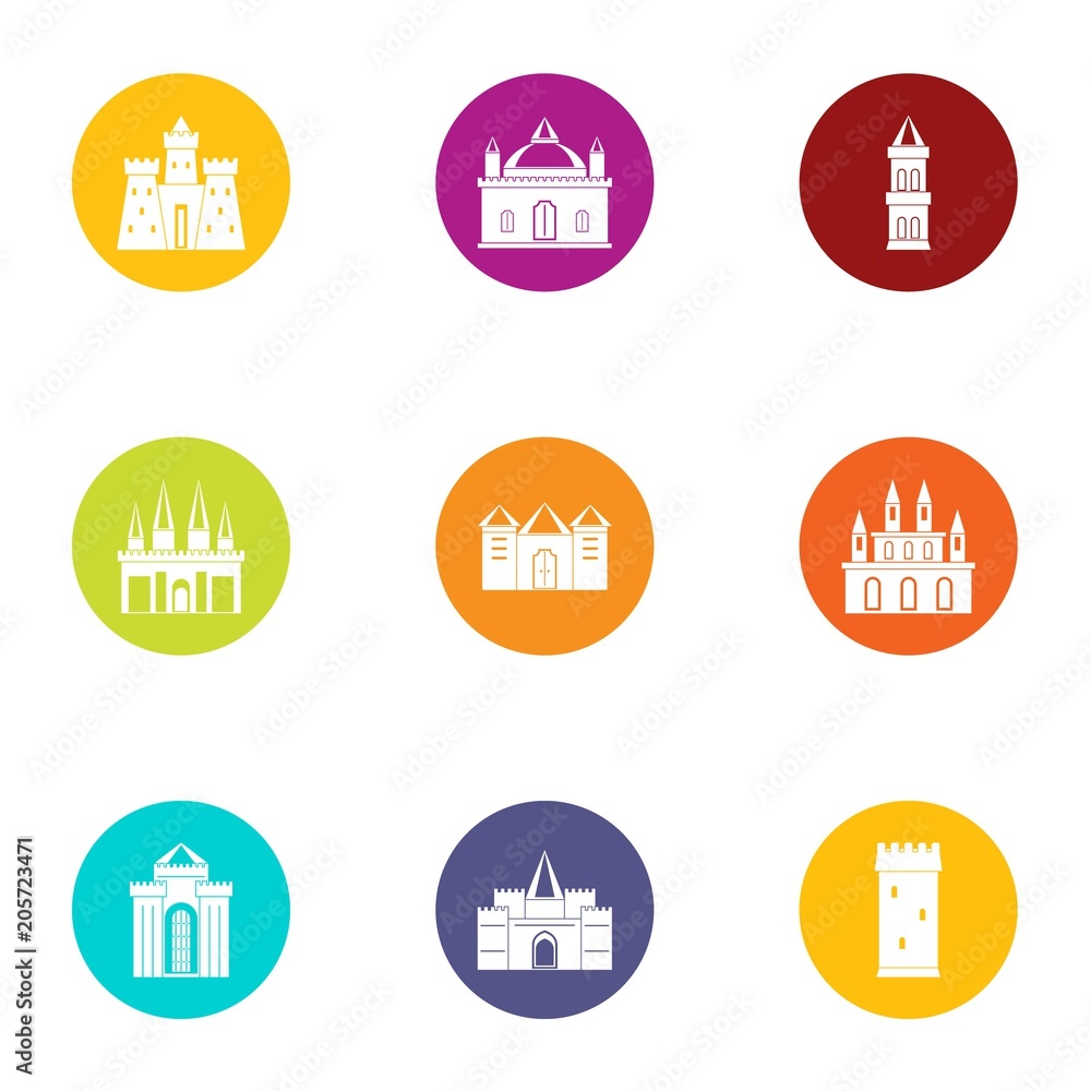 Poster old castle icons set. flat set of 9 old castle vector icons for web isolated on white background