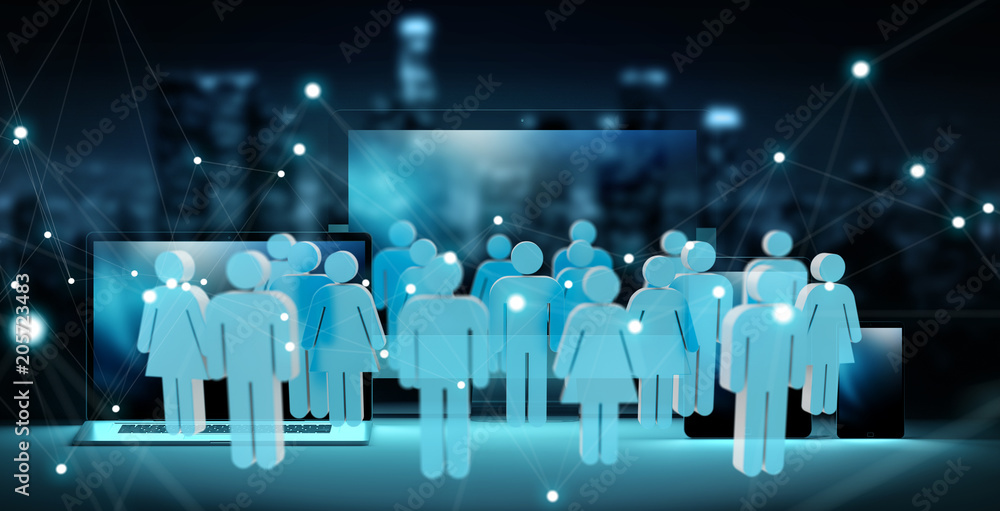 Poster Group of people in front of modern devices 3D rendering