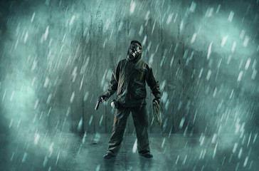 Dreadful dangerous man with wood, shanty wallpaper and fume around
