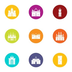 Old castle icons set. Flat set of 9 old castle vector icons for web isolated on white background