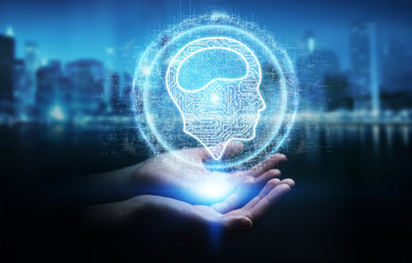 Businesswoman using digital artificial intelligence icon hologram 3D rendering