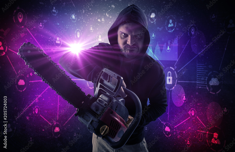 Poster armed burglar in dark secured database network cloud and report concept