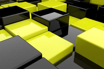 Abstract background of black and yellow cubes. 3D rendering.